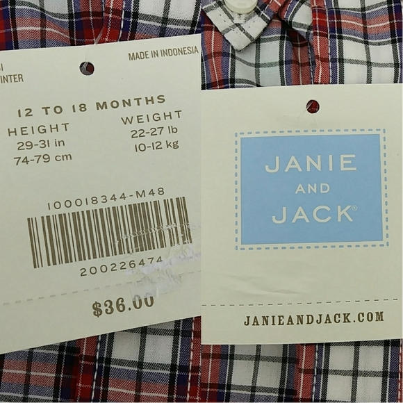 NWT Janie and Jack Button Down Plaid Gingham 100% Cotton Red 12-18 Months - Picture 3 of 6